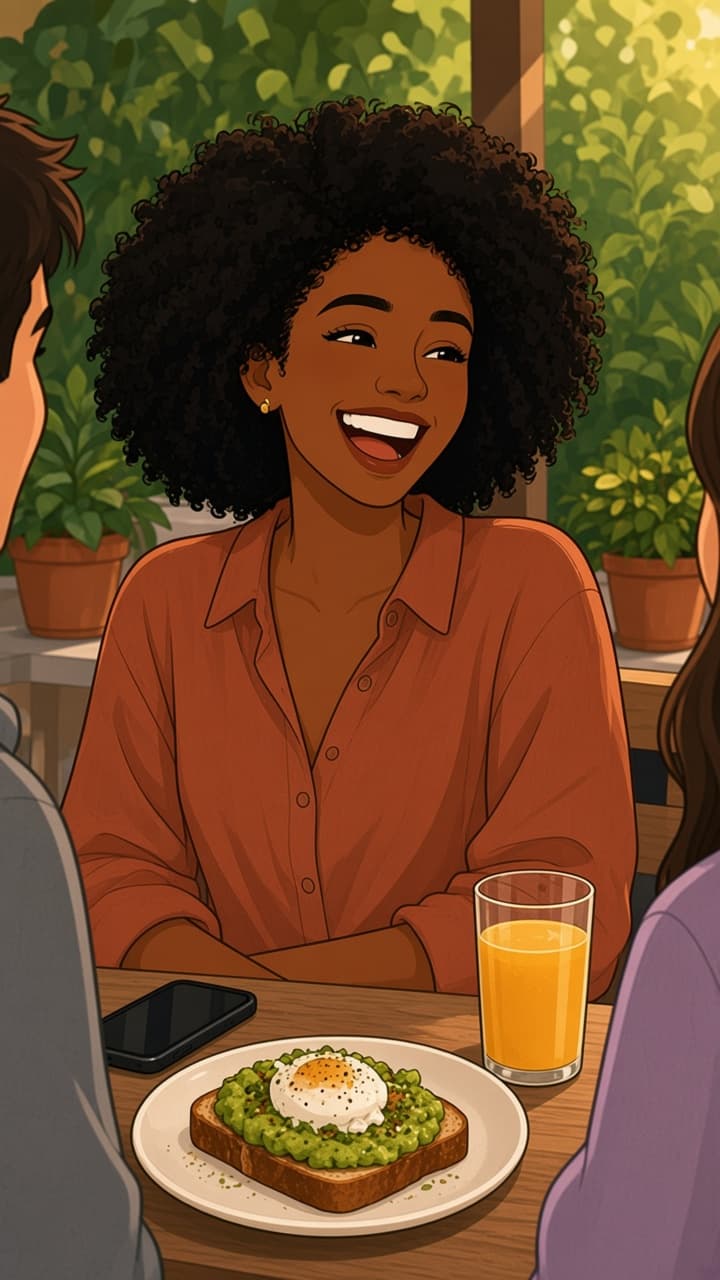 Nina laughing with two friends at a sunny patio brunch table