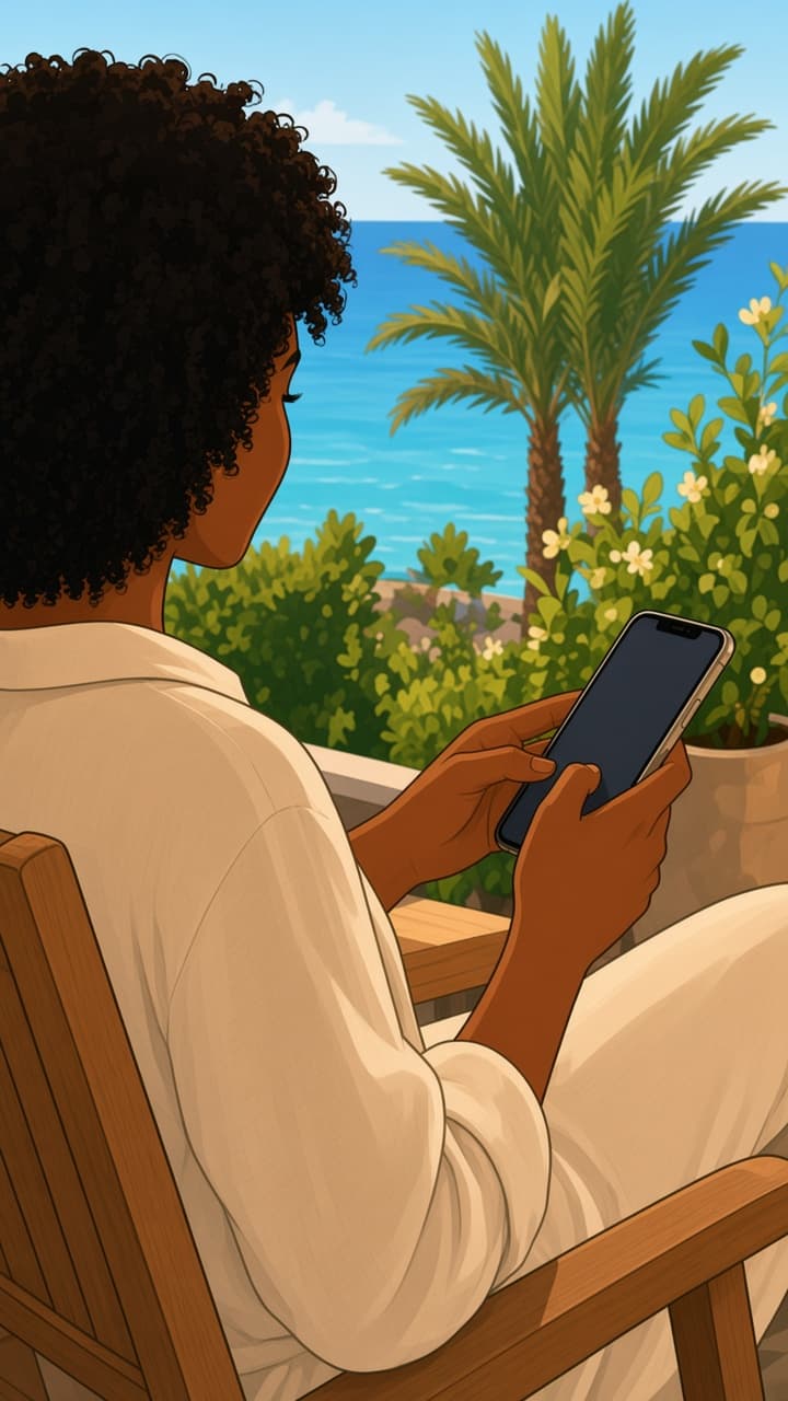 Nina tapping send on her phone in a lounge chair with a sea view